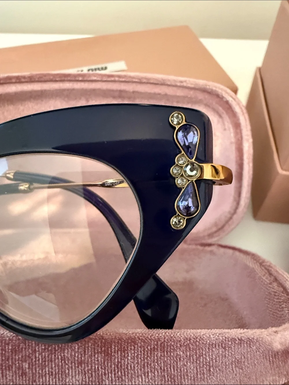 Miu Miu Black Cat-Eye Glasses with Crystal Temple Accents
